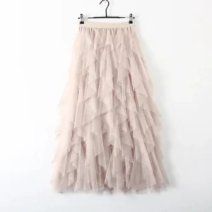 S6e3de5ed81e6460e8e47e7f6d08c1a79A.webp Women’s Elastic High Waist Tulle Mesh Irregular Layered Tutu Skirt Pleated A Line Long Maxi Skirt for Spring Summer