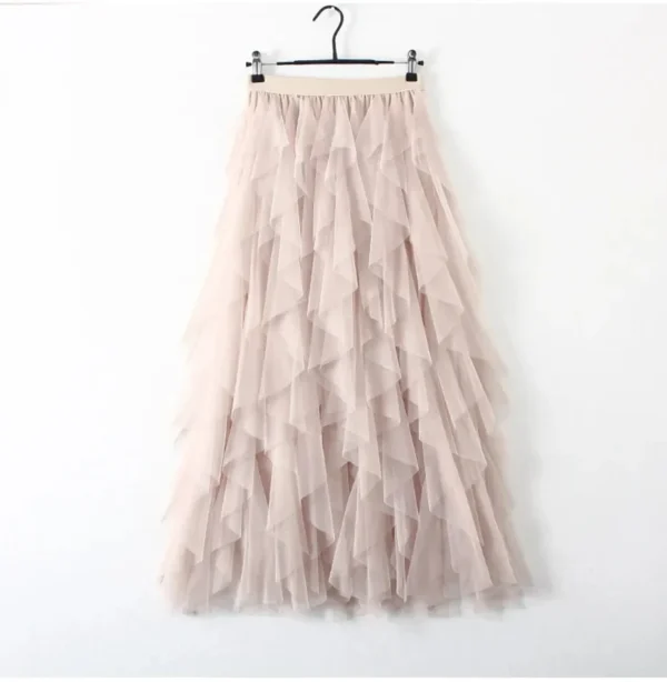 S6e3de5ed81e6460e8e47e7f6d08c1a79A.webp Women’s Elastic High Waist Tulle Mesh Irregular Layered Tutu Skirt Pleated A Line Long Maxi Skirt for Spring Summer