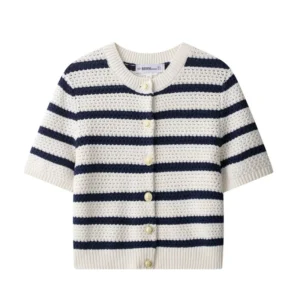 Women Vintage Striped Knit Cardigan Short Sleeves Single Breasted O-Neck Button-up Sweater Summer Casual Tops