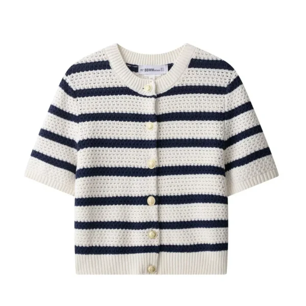 S76e348a2c9694ff2a0e0efac51905700o.webp Women Vintage Striped Knit Cardigan Short Sleeves Single Breasted O-Neck Button-up Sweater Summer Casual Tops