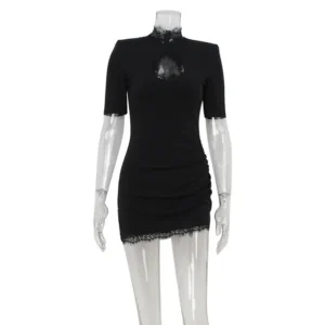 S8d75bc31b500422abac9138ff4d5b57aO.webp Lace Patchwork Hollow Out Bodycon Sheath High Collar Women Dresses Half Sleeves Outfits Sexy Club Fashion Female Mini Vestidos