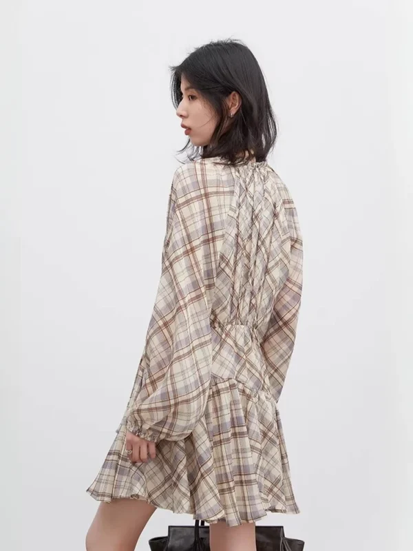 S9216917592f942b69eb3c9d97595c4fap.webp CHIC VEN Fashion Women Dresses V Neck Loose Casual New A Line Lace Up Long Sleeved Plaid Dress Puff Sleeve Spring Autumn 2026