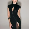 S92f08782633b4f60b0754045f5696802G.webp CNYISHE Short Sleeve O Neck Women Dresses Split Metal Buckle Solid Sheath Sexy Club Fashion Evening Party Outfits Female Bodycon