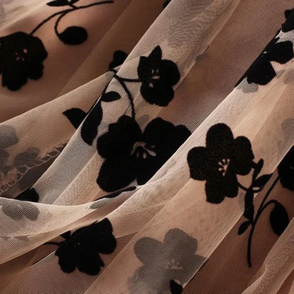 S950e266875a44914a7519893b4ca04b0o.webp Elegant Floral Women Tulle Skirts High Waist Korean Flocking Pleated Midi Skirts Mesh Summer Office Ladies Skirt New