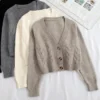 S9b9ed441bcbe4bccbf3b5ac1641a4f80T.webp 2026 V Neck Cropped Cardigan Women Long Sleeve Twist Knitted Sweater Coats Autumn Winter Keep Warm Korean Fashion Cardigan