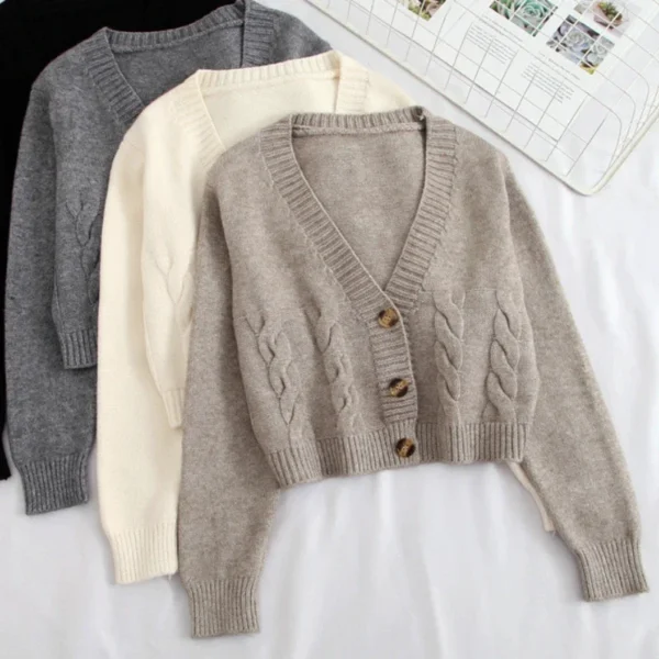 S9b9ed441bcbe4bccbf3b5ac1641a4f80T.webp 2026 V Neck Cropped Cardigan Women Long Sleeve Twist Knitted Sweater Coats Autumn Winter Keep Warm Korean Fashion Cardigan