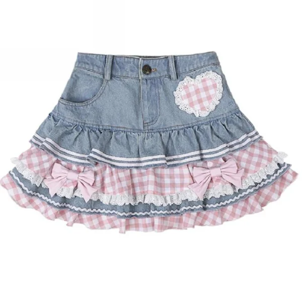 S9c7850e01ab7456cb3798813dac518f1O.webp Preppy Style Lolita Kawaii Skirts Japanese Sweet Mini Women Harajuku Cute Ball Gown Denim Skater Y2K High Waist Lace Cake Skirts