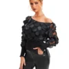 Sa0ae97b7473f4b5ba33cce6f13573972a.webp Applique Slant Shoulder Blouse, Elegant Long Sleeve Blouse For Spring & Fall Women's Clothing