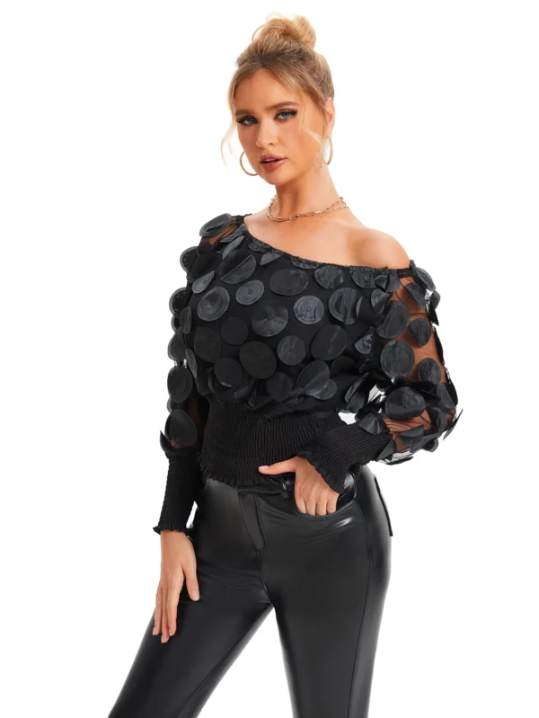 Sa0ae97b7473f4b5ba33cce6f13573972a.webp Applique Slant Shoulder Blouse, Elegant Long Sleeve Blouse For Spring & Fall Women's Clothing