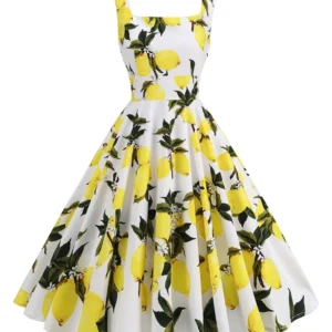 Sa0bf8ca5cd9e4815985df95282049fc0q.webp 2025 New Hepburn Vintage Lemon Print 50s Pinup Women Cotton Dresses Square Neck Summer Sleeveless High Waist Elegant Party Dress