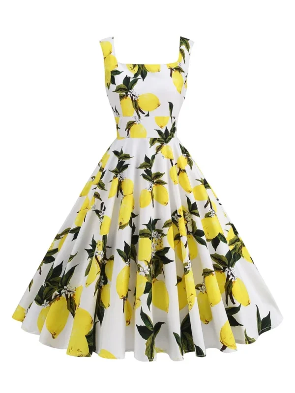 Sa0bf8ca5cd9e4815985df95282049fc0q.webp 2025 New Hepburn Vintage Lemon Print 50s Pinup Women Cotton Dresses Square Neck Summer Sleeveless High Waist Elegant Party Dress