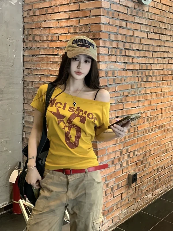 Sa12f8d3f8967405c8c293914c9007ed0i.webp Y2k Sport Summer Off shoulder Top Women Sexy Vintage 2000s Short sleeve T shirt Lady Body Basic Crop Top Female Casual