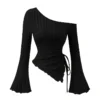 Sa7842678881a4b908f76ce03f16791b5q.webp women's New off shoulder cross long sleeved slim fit casual street style asymmetrical elegant T-shirt trumpet sleeve top