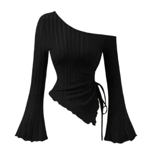 Sa7842678881a4b908f76ce03f16791b5q.webp women's New off shoulder cross long sleeved slim fit casual street style asymmetrical elegant T-shirt trumpet sleeve top