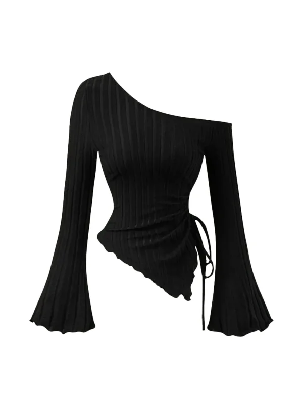 Sa7842678881a4b908f76ce03f16791b5q.webp women's New off shoulder cross long sleeved slim fit casual street style asymmetrical elegant T-shirt trumpet sleeve top