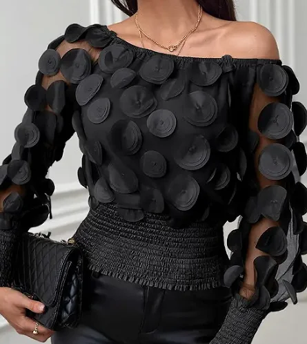 Sb19417f3857f40d0854f0eebd5f53b53C.webp Applique Slant Shoulder Blouse, Elegant Long Sleeve Blouse For Spring & Fall Women's Clothing