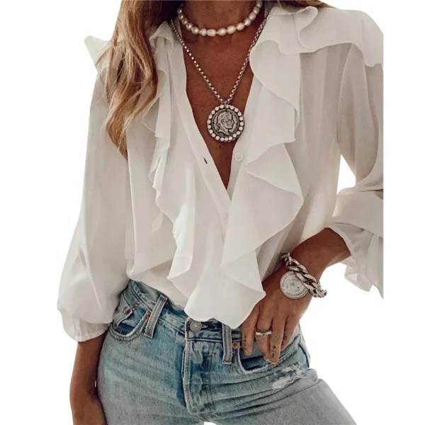 Sb24ba6381ea345b7abc41310bce2bb78x.webp Chiffon Solid Color Shirts Women Loose Ruffled V Neck Long Sleeve Blouses Tops Female 2024 Autumn New Lady Streetwear Top