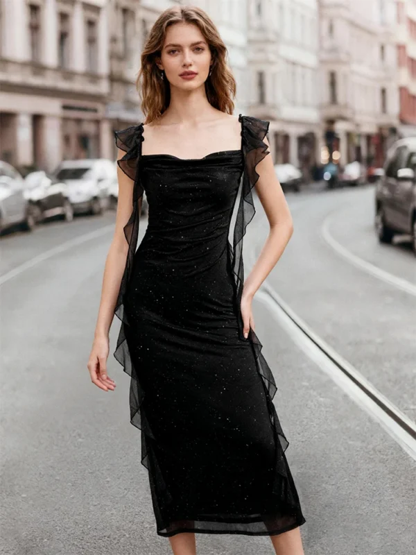 Sb60a3f3129da4032867a6040a9f2035cV.webp Women's Elegant Black Sparkle Ruffle Strap Midi Dress Evening Party Cocktail Event Formal Gathering Appropriate Garment