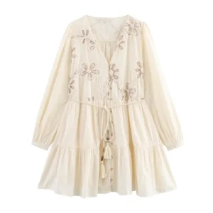 Sbbe891219bd14097aeb497c76ea191f7X.webp MUJER Flower Embroidered Mini Dress Women Tassel Pleated Short Dresses for Woman Summer Beach Women's Dress Boho Dress Woman