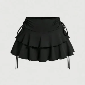 Sbf99bc59a6894ed7b049efd699b411d8C.webp Drawstring And Fold Detail Solid Color Cake Skirt, Spring/Summer, Party Skirt, Beach Skirt, Summer Vacation Outfits