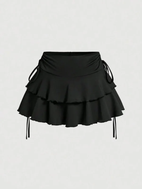 Sbf99bc59a6894ed7b049efd699b411d8C.webp Drawstring And Fold Detail Solid Color Cake Skirt, Spring/Summer, Party Skirt, Beach Skirt, Summer Vacation Outfits