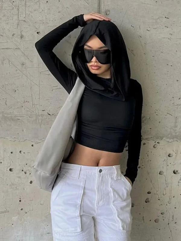 Sc10f963dd8ba4709a19f48df32d44304p.webp Women's Hooded Crop Tops Autumn Solid Color Long Sleeve Cowl Neck Slim Fit Short T-Shirt Streetwear Sporty Basics Tees