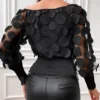 Sc29036d45074423c88dffec225037319J.webp Applique Slant Shoulder Blouse, Elegant Long Sleeve Blouse For Spring & Fall Women's Clothing