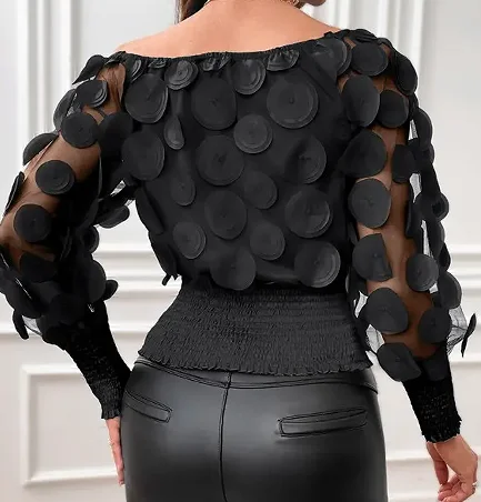 Sc29036d45074423c88dffec225037319J.webp Applique Slant Shoulder Blouse, Elegant Long Sleeve Blouse For Spring & Fall Women's Clothing