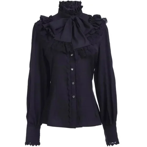 Sca4ba12d04cf48e4b4123b468a5dc1b8n.webp Women's Vintage Ruffle Collar Shirt 2026 Spring New Arrival High Neck Lace Trim Button Down Shirt Elegant Gothic Blouse Tops