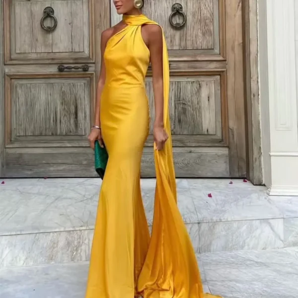 Sd1088b82fd7e403db430c59849f5a55dK.webp VEITCHE Elegant Women's Soft Silk Satin Long Dress Halter Backless Sleeveless Maxi Dresses Summer Lady Long Ribbon Party Gowns