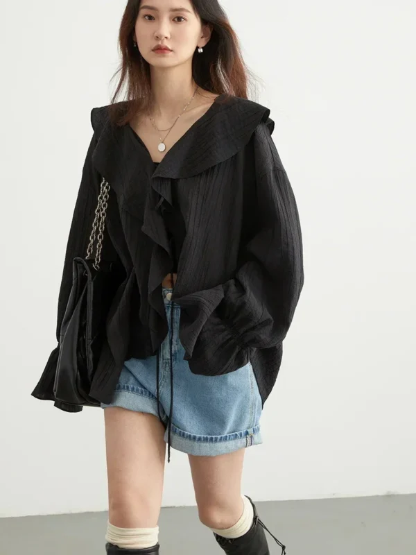 Sd8d6f90f60204b39998c7dfcbb713513N.webp CHIC VEN Women Shirt Loose Casual Ruffled Edges Female Blouses V Neck Lace Up Mid Length Woman Shirts Spring Summer 2026