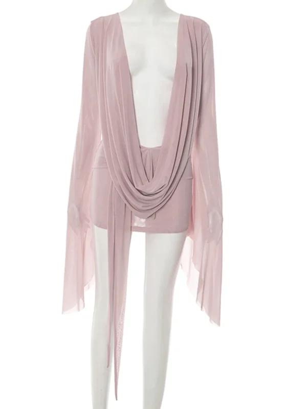 Sda5ad5d8624d4ec3bfc38d3ebf1147dbe.webp Beyprern Elegant Flare Sleeve V Neck Ruched Sheer Mesh Short Dress Pink Holiday Outfits Beach Cover-Up Dress Night Out Vestidos