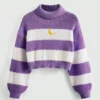 Se353e9e117e6465eb366331c489b0e3eQ.webp Women's Cropped Turtleneck Sweater Purple White Striped Gold Moon Embroidered Knit Top Fashionable Warm Clothing