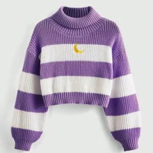 Women's Cropped Turtleneck Sweater Purple White Striped Gold Moon Embroidered Knit Top Fashionable Warm Clothing