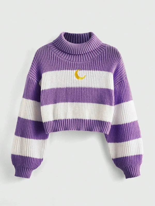 Se353e9e117e6465eb366331c489b0e3eQ.webp Women's Cropped Turtleneck Sweater Purple White Striped Gold Moon Embroidered Knit Top Fashionable Warm Clothing