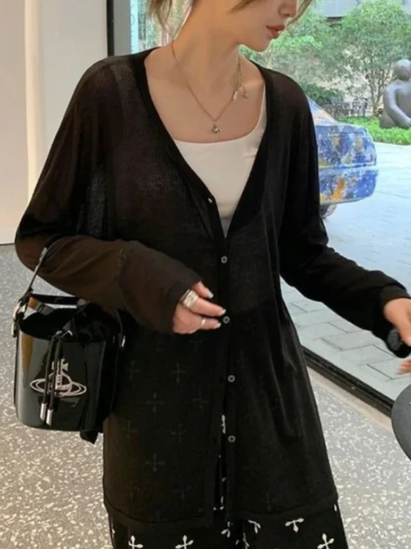 Sefc8b66db69042e89ecc74f03d98b7e2J.webp Women's Cardigan New V-neck Long Sleeved Female Shirt Female Jumpers Sun Protection Woman Top Spring Summer Knitted Cardigan