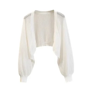 Lantern Sleeve Ice Silk Knitted Cardigan for Women Summer Thin Loose Fit Outerwear with Slip DressSun Protection Cover-Up