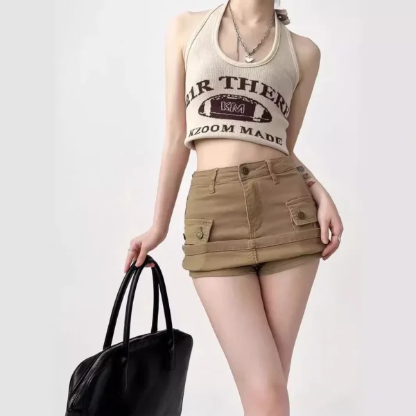Sf8e6f93a62f04beaa76bcca371f86e547.webp Women Retro Khaki Cargo Mini Skirt High Waist A Line Denim Workwear Short Skirt with Pockets