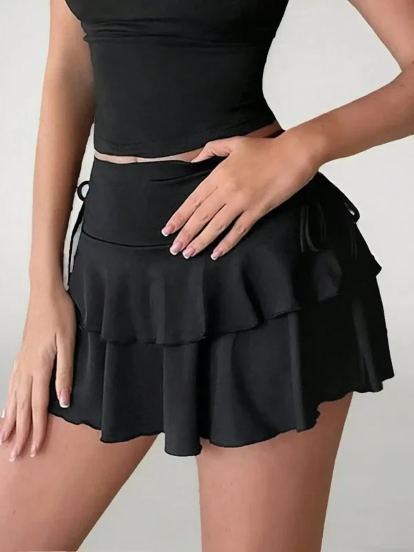 Sfc709fc62ca043bc8595b201c0807cc6i.webp Drawstring And Fold Detail Solid Color Cake Skirt, Spring/Summer, Party Skirt, Beach Skirt, Summer Vacation Outfits